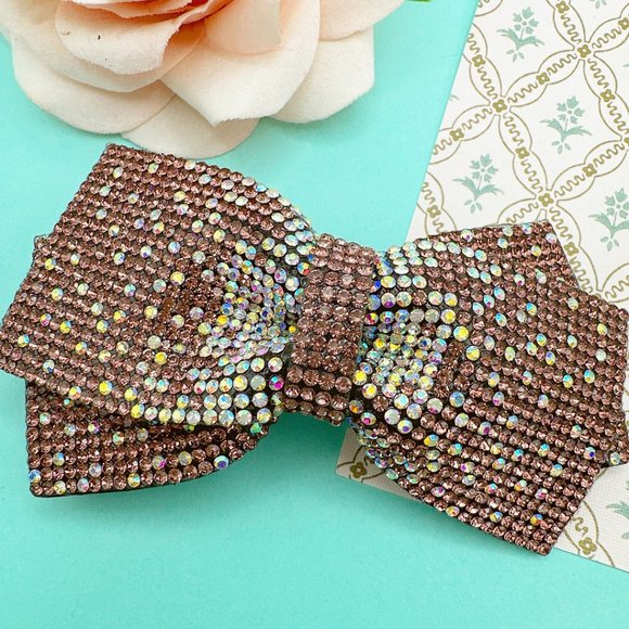 Pink Rhinestone Bow Tie Hair Barrette Medium Size - Picture 4 of 7